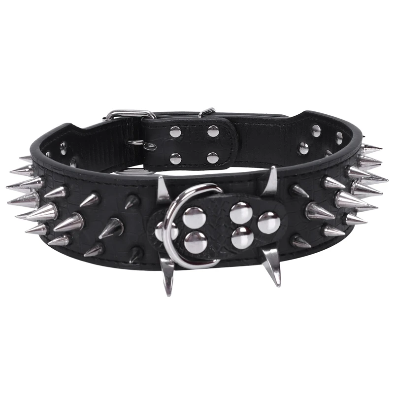 Leather Spiked Studded Dog Collar 2&quot Wide 25 Spikes 44 Studs Pit Bull Boxer-Black M | Дом и сад