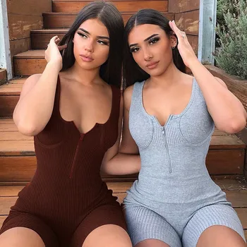 

2020 New Sleeveless Front Zipper Jumpsuit Rompers V-neck Bodycon Slim Playsuit Yoga Sprots Running Solid Color Jumpsuit Playsuit