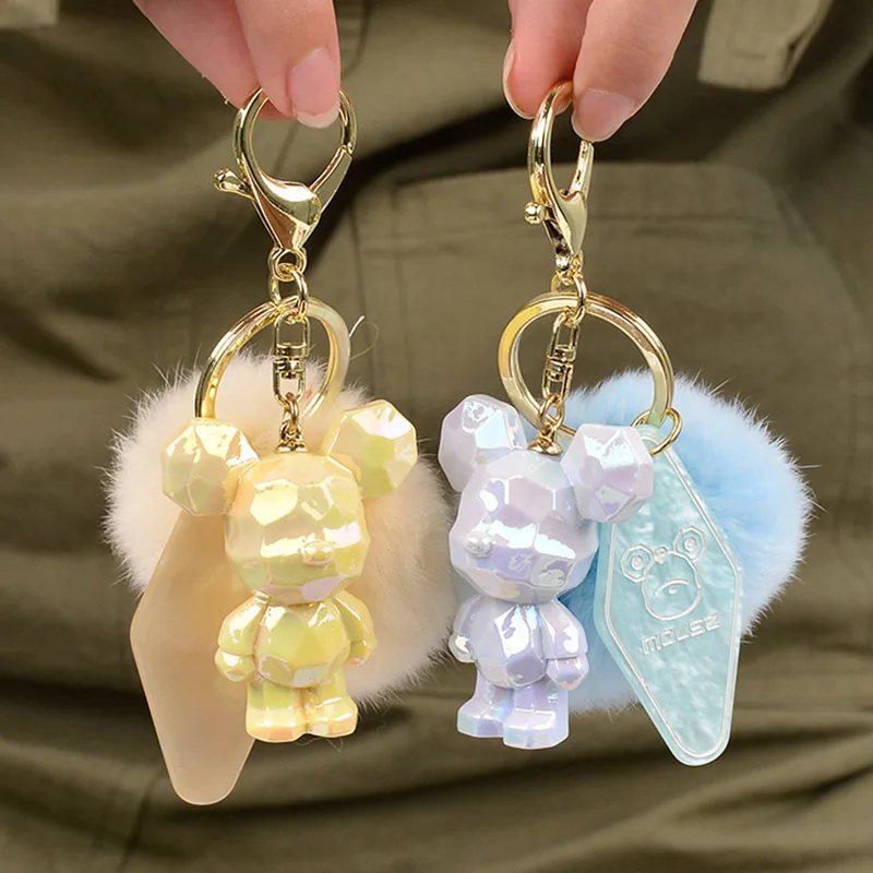 

New Cute mickey keychain Women Pompom cartoon mouse key chain fake Fur rat keychains Girl Bag Car Simple Fluffy Key ring