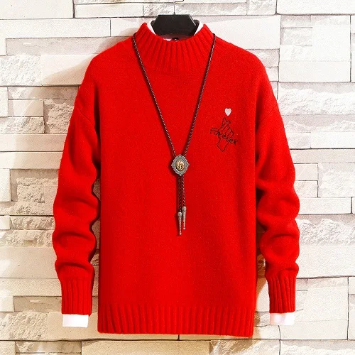Осенне-зимний мужской Рождественский свитер водолазка повседневные мужские свитера с принтом Slim Fit брендовые Трикотажные мужские пуловеры - Цвет: Красный