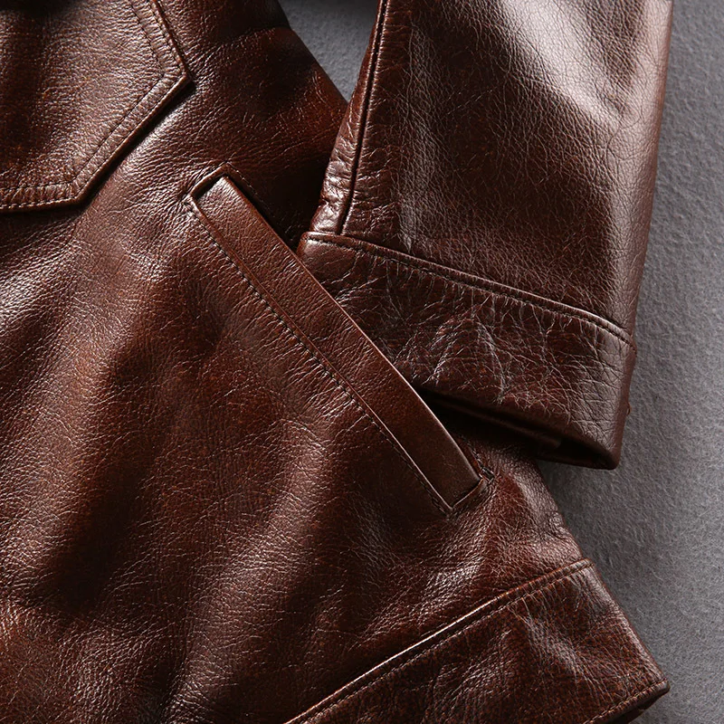 Factory New Men Brown Cow Leather Jacket Real Cowhide Casual Single Breasted Slim fit Jackets Winter Russia Coats