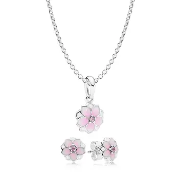 

NEW Book Di 925 Sterling Silver Magnolia Bloom Necklace and Earring Set fit charm original Necklace Women jewelry A Set