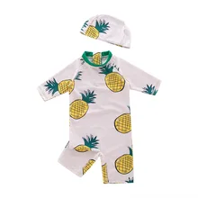 Купальный костюм с цветочным рисунком для маленьких девочек, купальные костюмы Новинка года, купальный костюм в морскую полоску для девочек и мальчиков, шапочка, 2 предмета, детский купальный костюм