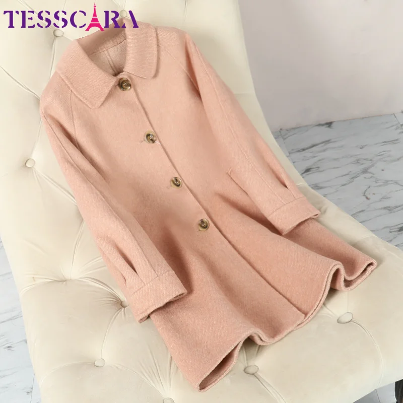 Pink TESSCARA Женская осенне-зимняя Шерстяная Смесь простая куртка-пальто женские высококачественные Дизайнерские повседневные Кашемировые Куртки Верхняя одежда и пальто - Цвет: Pink