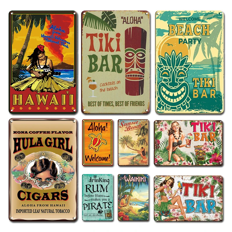 

Aloha Tiki Bar Art Poster Tin Sign Vintage Beach Bar Pub Decor Accessories Retro Man Cave Sweet Home Decoration Metal Plate Sign