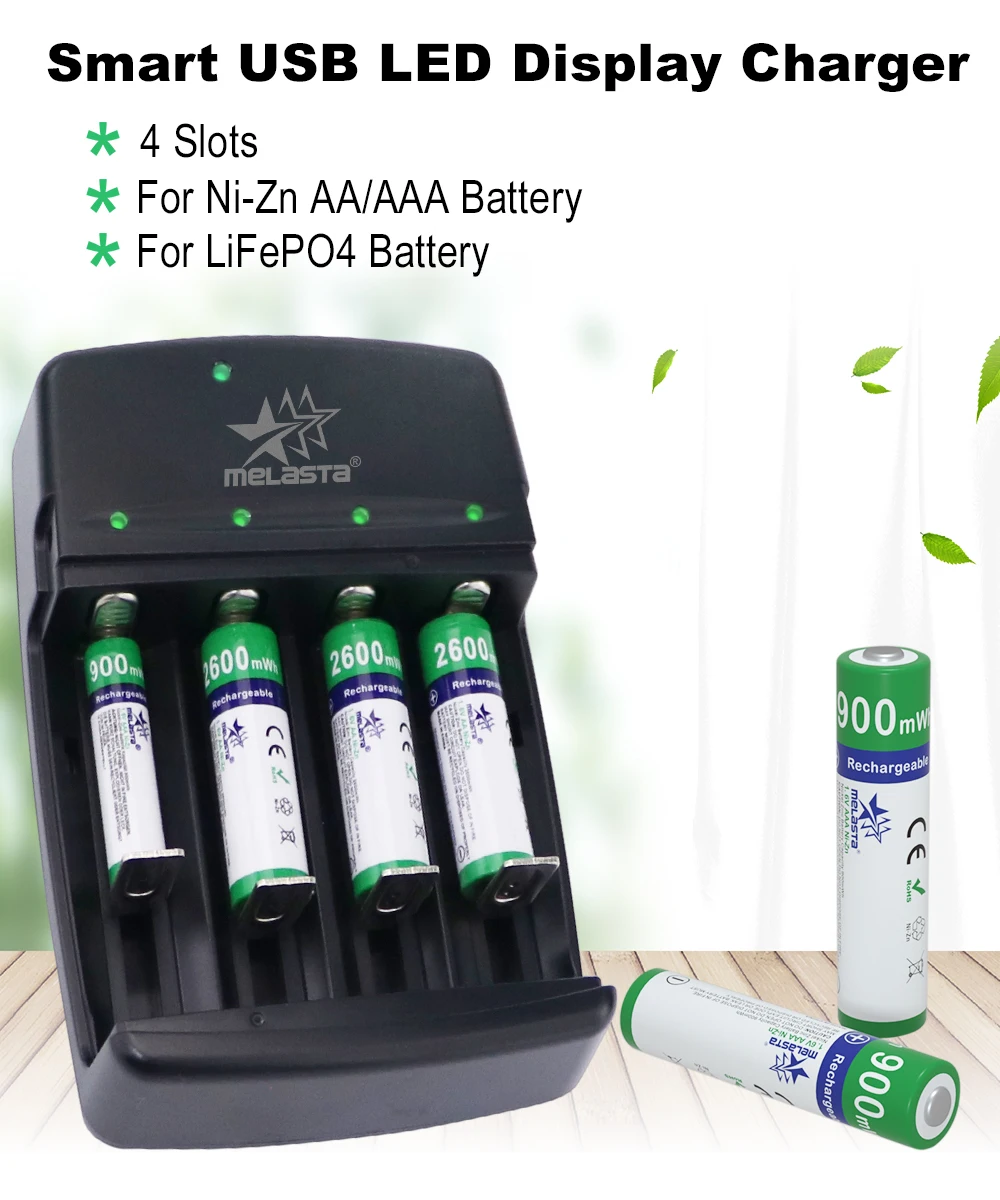 Melasta NIZN 4pcs AA 1.65V 2600mWh Rechargeable Battery+ 4pcs AAA 900mWh with 4 slots LED USB charger Ni-Zn for toys MP3 camera