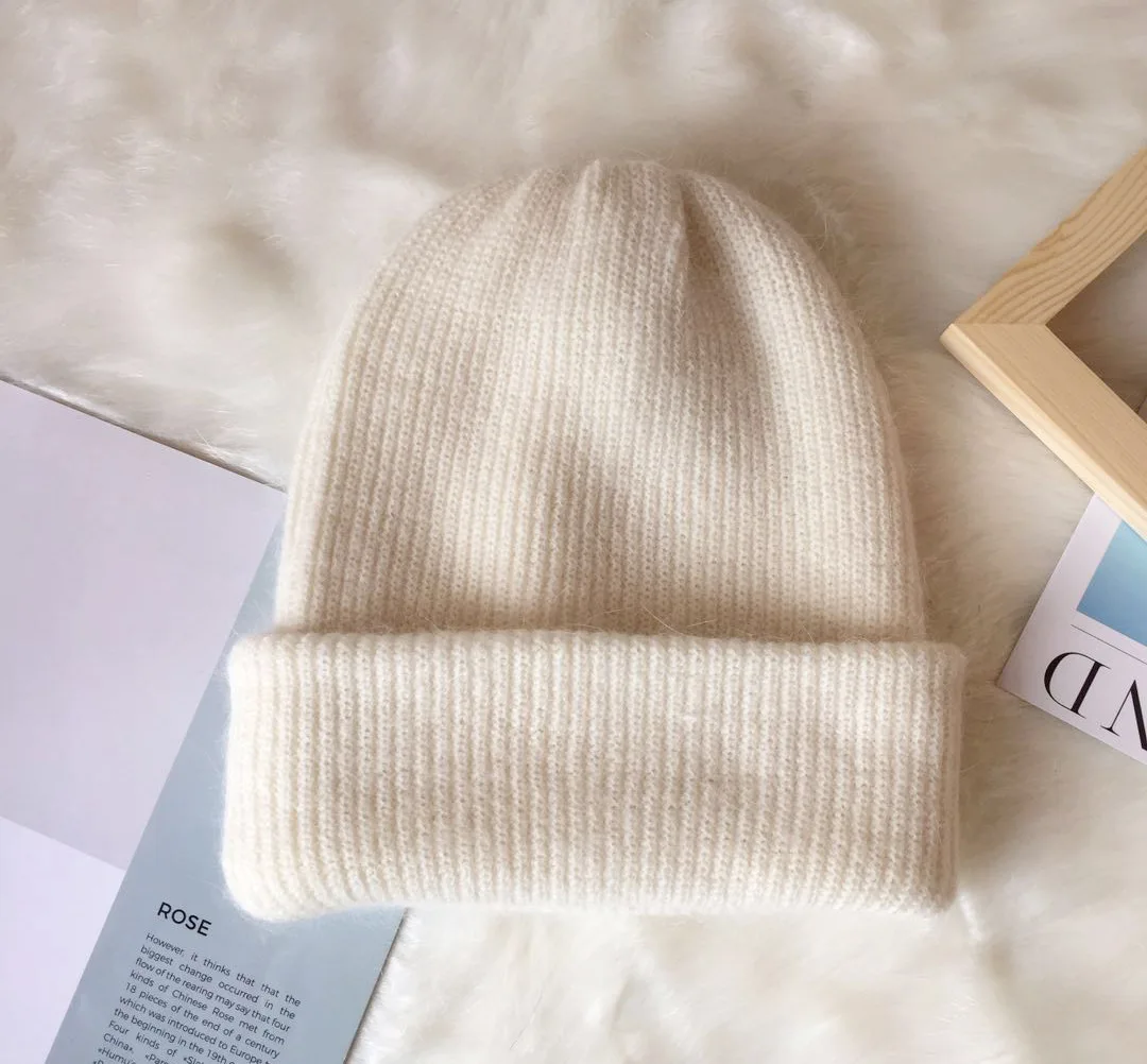 Women Winter Hat Knitted Beanie Hat Cashmere Knitted Hats for Women Cap Winter Autumn Rabbit Fur Ladies Solid Beanies Bonnet - Цвет: Белый