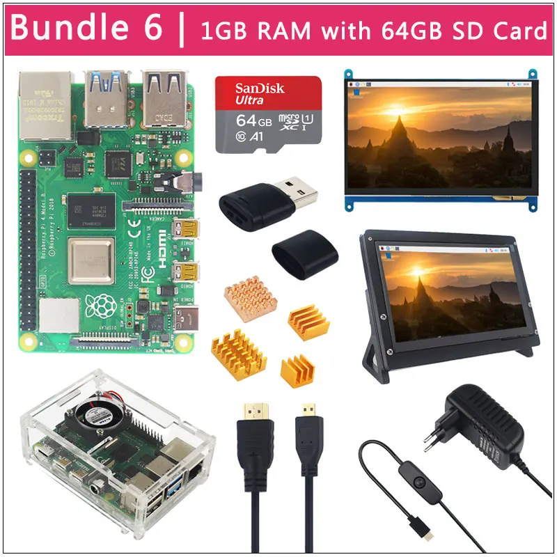 1GB RAM Raspberry Pi 4 Модель B ЖК-комплект+ 7 дюймов сенсорный экран+ держатель+ 64 32 Гб sd-карта+ вентилятор+ радиатор+ мощность+ Micro HDMI для Pi 4 - Комплект: 1GB RAM