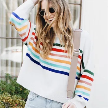 

Fashion Rainbow Women Pullovers Strip Print Patchwork Design Casual O-Collar Long Sleeve Top Elegant Autumn/Winter Lady Sweater