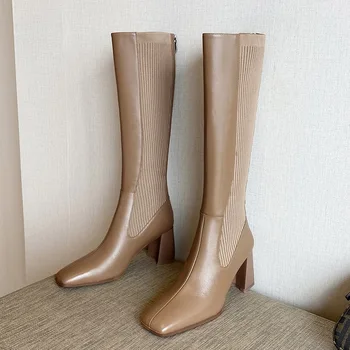 

new autumn winter boots for women's leather knee high boots women black apricot slim warm shoes woman elastic botas altas mujer