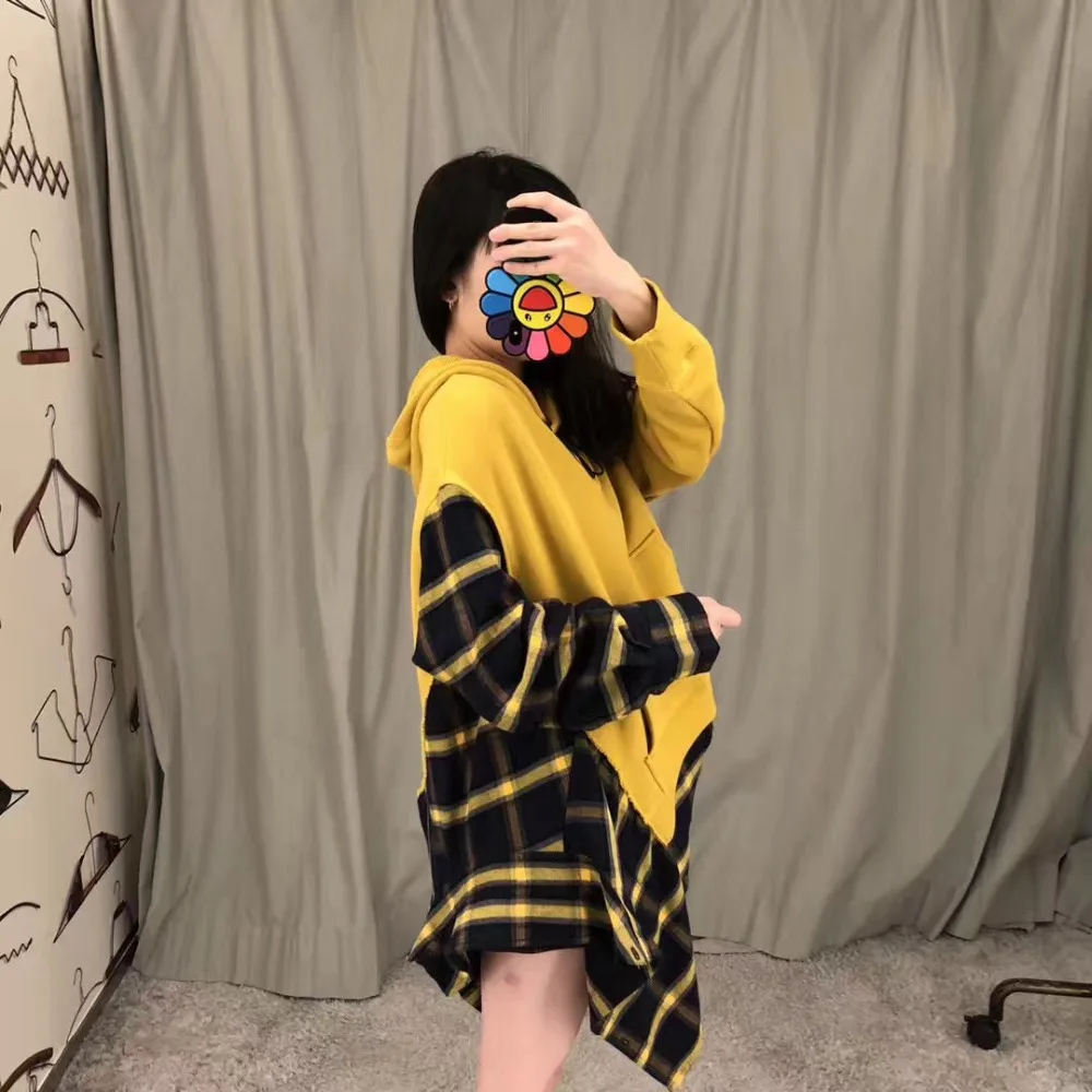 2019FW Осенние новые женские клетчатые Лоскутные толстовки женские повседневные ассиметричные пуловеры с капюшоном толстовки ddxgz3 10,12