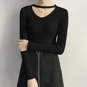 

2019 Sweater Women V-Neck Sexy New Autumn Winter Knitting Casual Long Sleeve Solid Color Sweater Loose Female Sweaters