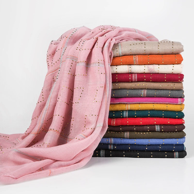 

New Arrival Women Wrinkle Cotton Scarf Rhinestone Plaid Muslim Hijab Scarf Turban Head Wrap Solid Color Pleated Scarves