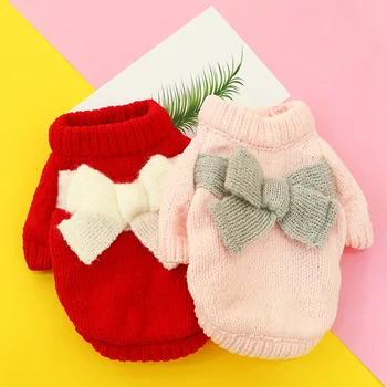 

Small Dog Sweater Clothes Autumn And Winter Thicked Chenille Bowknot Cat Clothing For Dogs Teddy Bichon Round Neck Sweater Coats