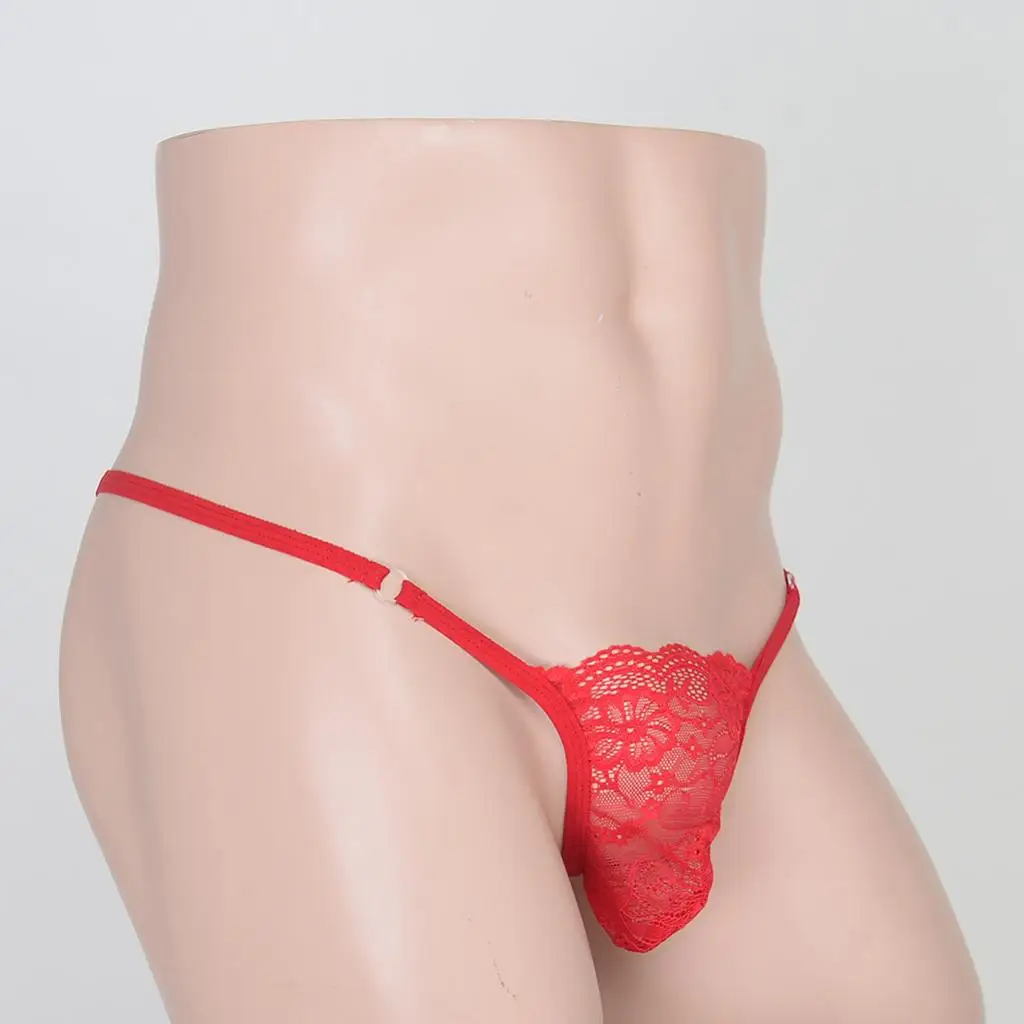 Men's Hot Red Lace Flower T-Back Underwear Low-rise Man Bikini G-String Thong Briefs Gay Apparel