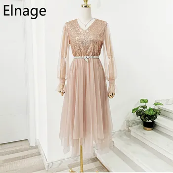 

Elnage Glittering Sequin Flare Long Sleeve Dress Spring 2020 New Irregular Medium Length Mesh A Line Vestidos Summer 5A550