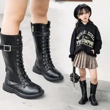 

Girls Winter Boots 2021 New Soft Leather Knight Boots Kids Princess High Boots Cotton Shoes Children's Martin Boots Black Beige