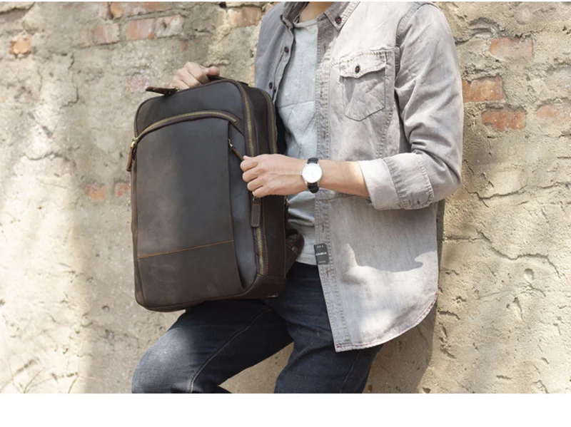 Outdoor Model Show of Woosir Leather Laptop Backpack with Trolley Sleeve and Double Compartments