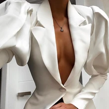 Branco escritório senhoras blazer vestido feminino lanterna manga único breasted bodycon vestido de festa moda elegante outono inverno vestidos