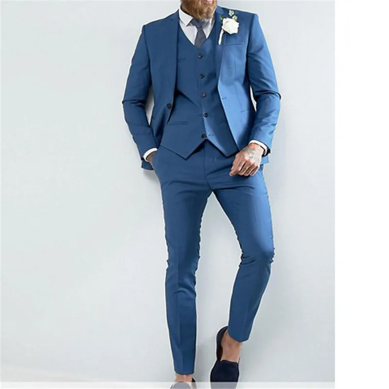 

Blue Wedding Groom Tuxedos Slim Fit Men Suits for Prom Smoking Man Costumes Notched Lapel 3 Piece Man Set Jacket Vest with Pants