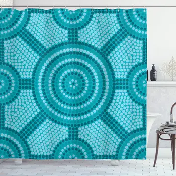 

Teal Shower Curtain, Abstract Aboriginal Dot Painting Native Primitive Cultural Art in Australia, Cloth Fabric Bathroom Decor