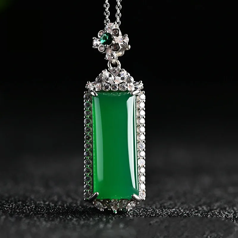 

Natural Green Chalcedony Hand Carved Ping'an Brand Pendant Jewelry Men's and Women's Green Agate 925 Silver Inlaid Necklace