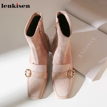 

Lenkisen new fairy sweet cow leather med heels square toe stretch flock buckle straps pearl fashion winter women ankle boots L00