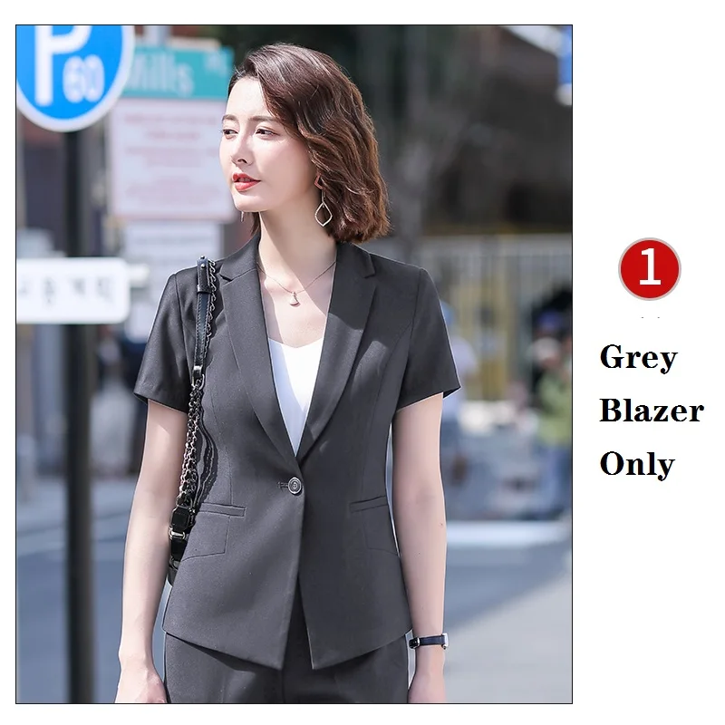Grey Blazer Only Летний деловой женский серый Блейзер, женские деловые костюмы, комплект из брюк и пиджака, комплекты одежды для работы, короткий рукав, стиль OL - Цвет: Grey Blazer Only