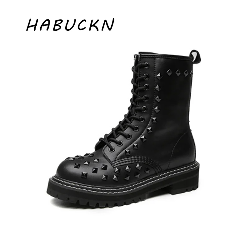 

HABOCKN Ankle Boots Women flat shoes England style Genuine Leather Fashion rivet Ladies Motorcycle short Boots