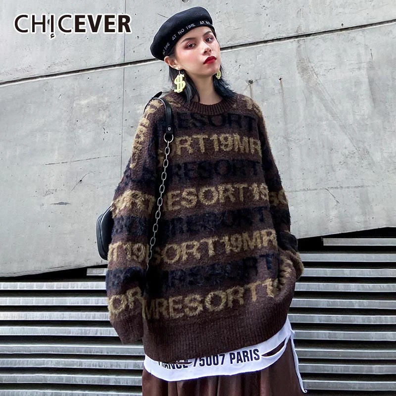 CHICEVER Letter Print Hit Color Knitted Sweater Women O Neck Long