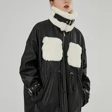 AIGYPTOS осень и зима талии черная кожа свободные меха кролика с прошивкой кожаная куртка