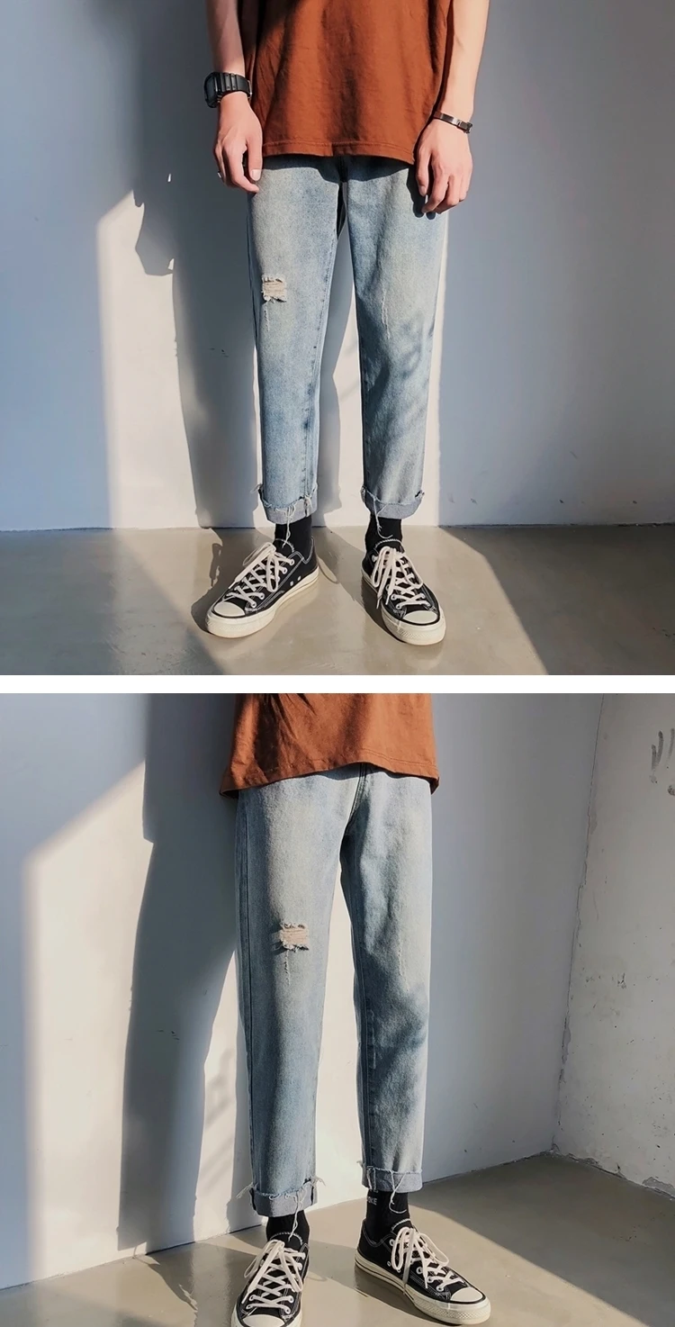 Весенние джинсы с дырками, мужские тонкие модные одноцветные повседневные ретро джинсы, мужские уличные джинсы в стиле хип-хоп, мужские джинсовые брюки s S-2XL