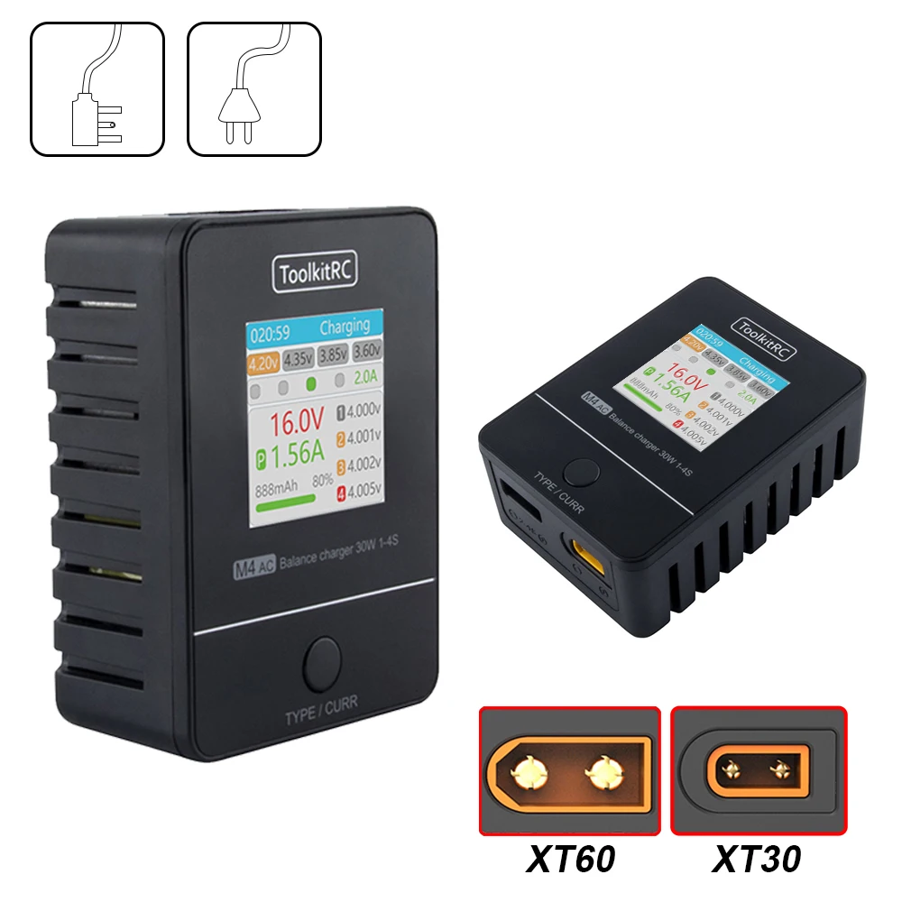 В наличии ToolkitRC M4AC 30 Вт LiPO LiFE LiHV Compact AC Smart RC батареи зарядное устройство с XT60 XT30