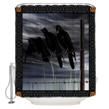 

Halloween Night Spooky Crow Extra Long Fabric Bath Shower Curtains Mildew-resistant Bathroom Decor with Hooks