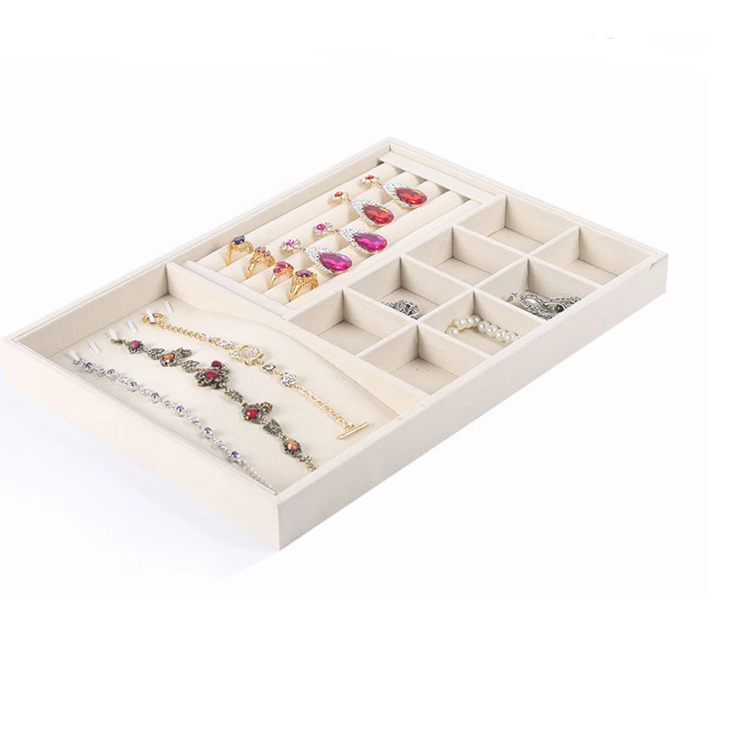 2 Pieces Stackable Velvet Jewelry Tray Earring Necklace Bracelet Ring Organizer Display Storage Box - Beige