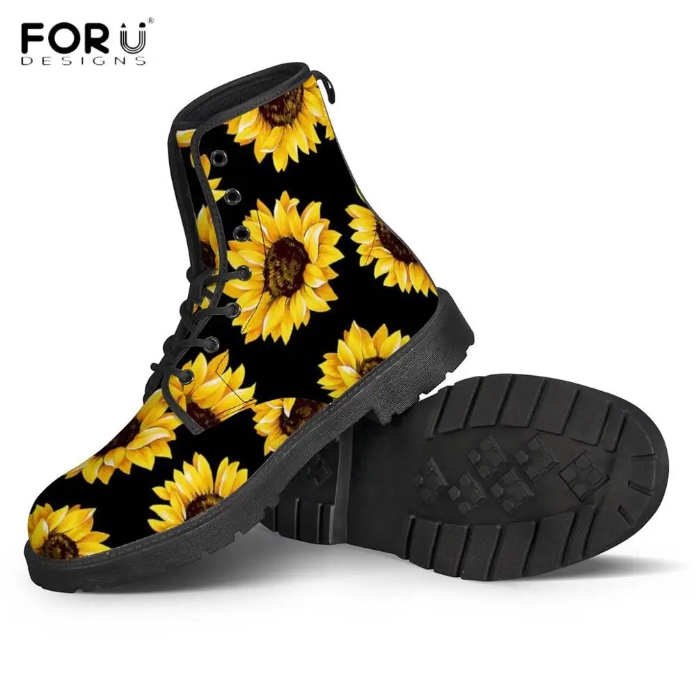 

FORUDESIGNS 3D Yellow Flower Printed Female Winter Ankle Boots Pu Leather Boots Woman Round Toe Lace Up Shoes Fashion Lady Shoe