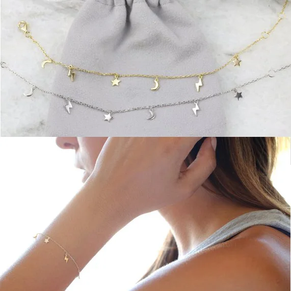 100% 925 sterling silver tiny cute moon star lightning charms bracelet minimal delicate jewelry | Украшения и аксессуары