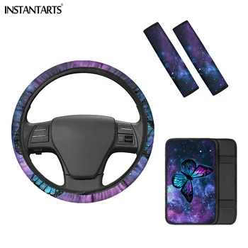

INSTANTARTS Blue Butterfly Print Washable Car Accessories Steering Cover Non-skid Car Center Pad Seatbelt Cover Waterproof Gifts