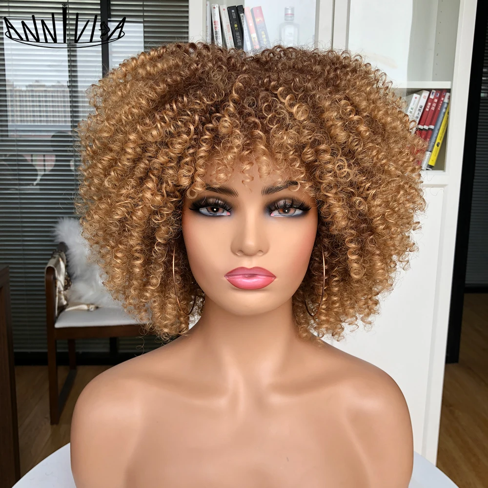 Short Hair Afro Kinky Curly Wigs With Bangs African Synthetic Ombre Glueless Cosplay Wigs For Black Women High Temperature image_2