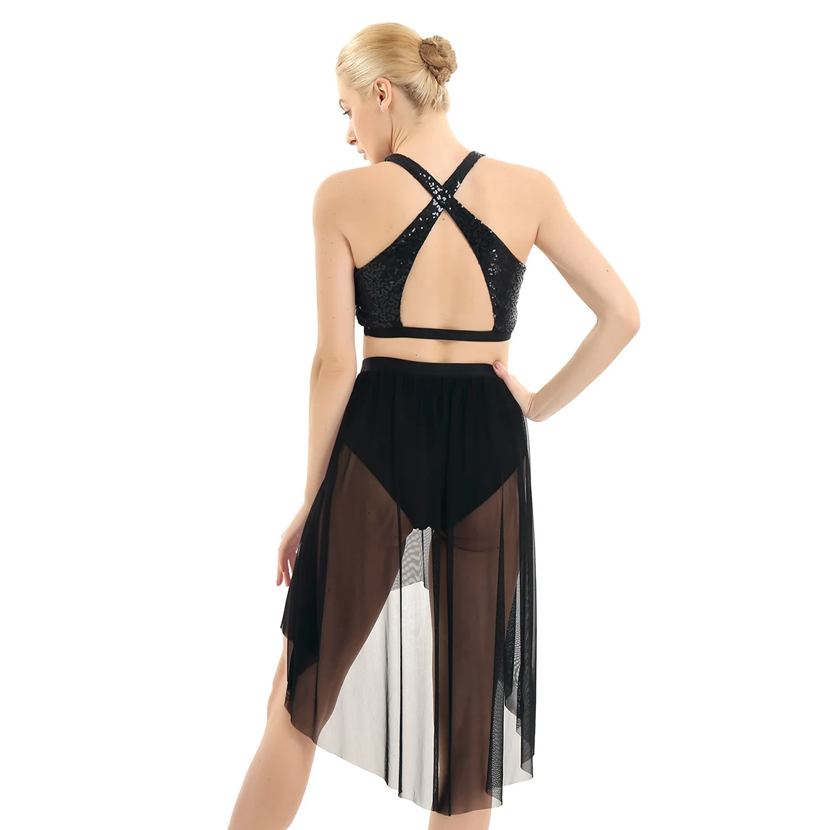 Женское платье для латинских танцев, лирический костюм, ассиметричный блестящий топ без рукавов с высокой низкой сеткой