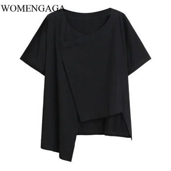 

Loose Women Black Asymmetrical Split Joint Temperament T-shirt Round Neck Long Sleeve Fashion Spring Summer 2020 P4VI