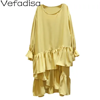 

Vefadisa Solid Ruffle Dress Women 2020 Spring Casual O-Neck Long Sleeve Dress Pullover Loose Yellow Black Blue Apricot QYF1692