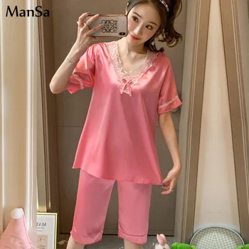 

plus size 3XL Short Sleeve Pajamas Ice Silk Set 2Pcs Women Sleepwear Shirt V-neck Polyester Nightwear for Women Short Tops Pants