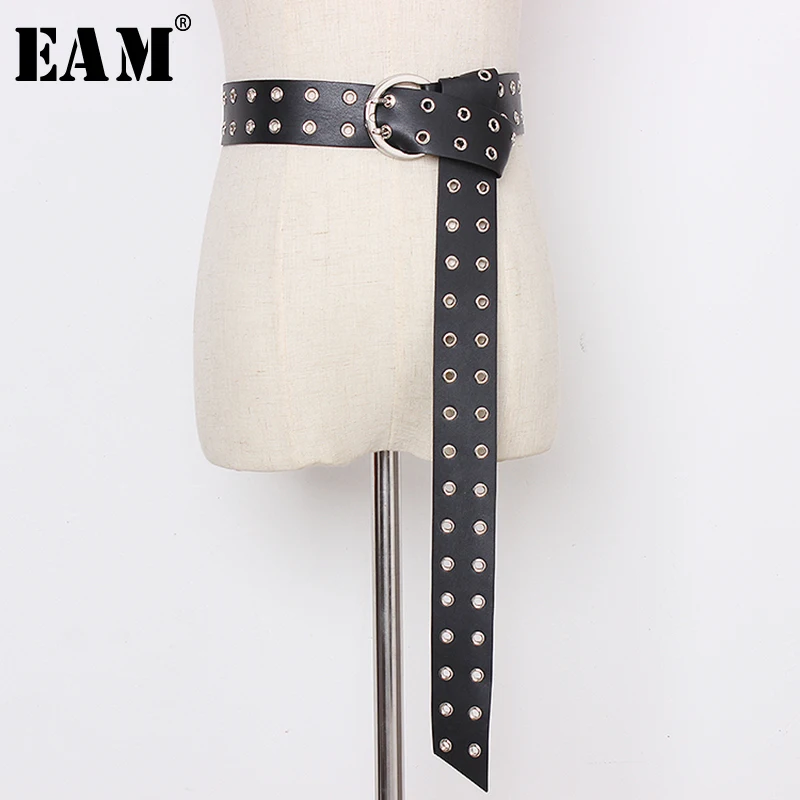 

[EAM] Pu Leather Double Needle Buckle Hollow Out Long Belt Personality Women New Fashion All-match Autumn Winter 2019 1A143