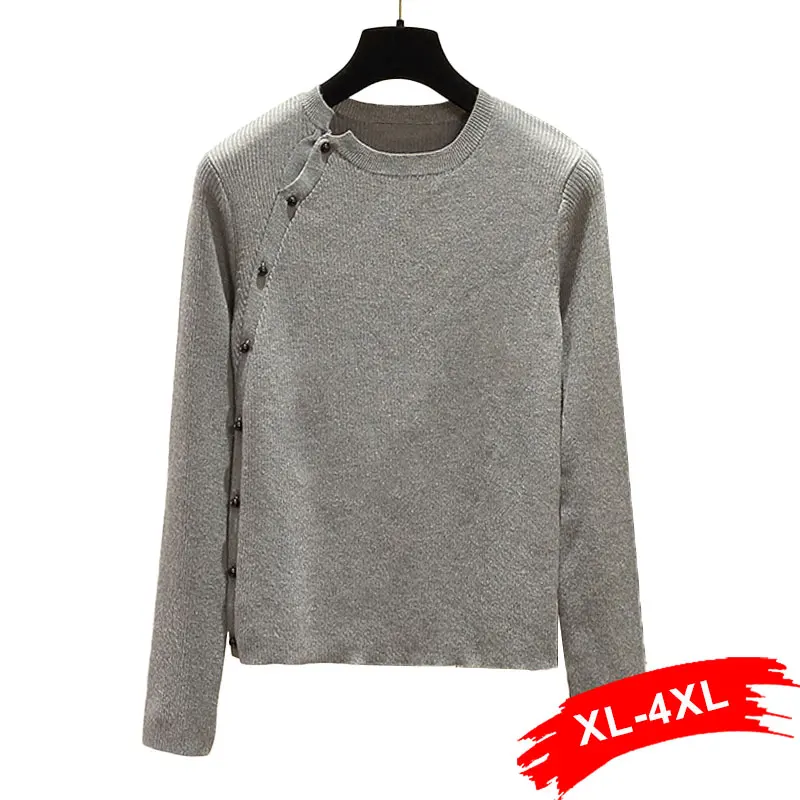 Plus Size Design Buttons O-neck Basic Gray Sweater Pullovers 4XL Autumn Spring Knitting Jumpers Femme Mujer Knitted Tops | Женская