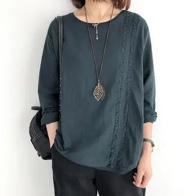 Осенняя повседневная женская рубашка с хлопком с длинным рукавом Однотонная тонкая с круглым вырезом Свободная Женская модная блузка YoYiKamomo - Цвет: dark green