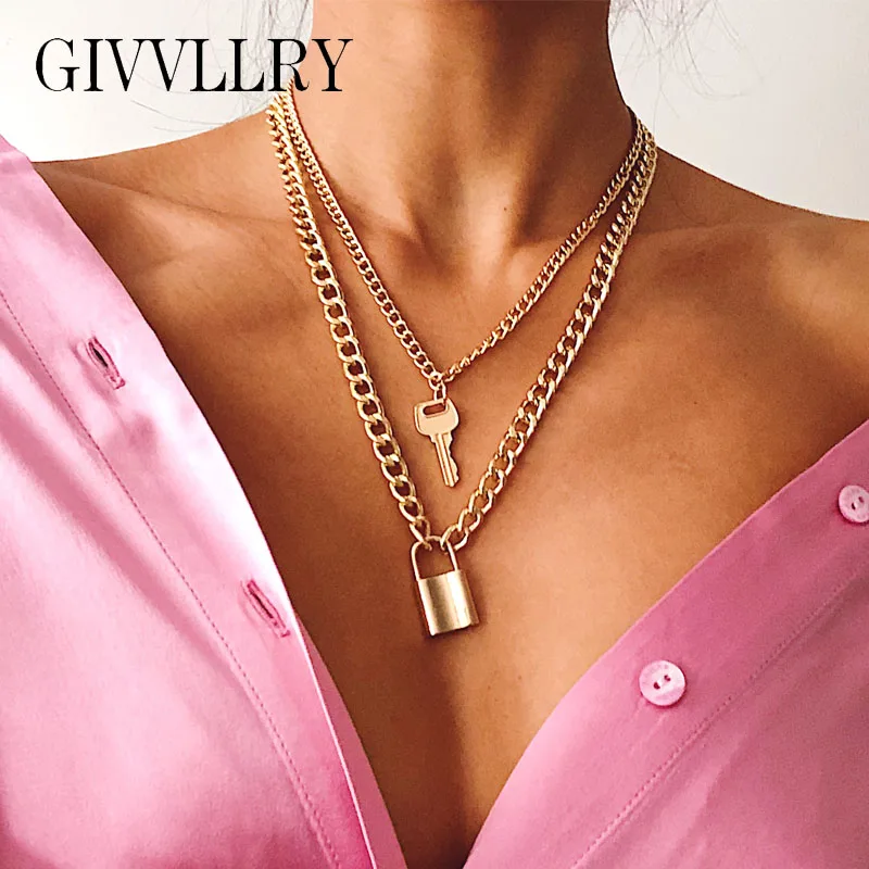 

Vintage Lock Key Pendant Necklace Women Jewelry Geometric Charm Vintage Punk Gold Silver 2 Layered Long Chunky Chain Necklaces