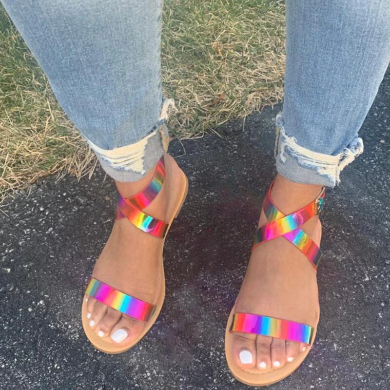 

Candy Color 2020 Boho Sandals Women Beach Footwear Flat Sandals Women Cross Ankle Sandals Plus Size Summer Fashion Woman Shoes