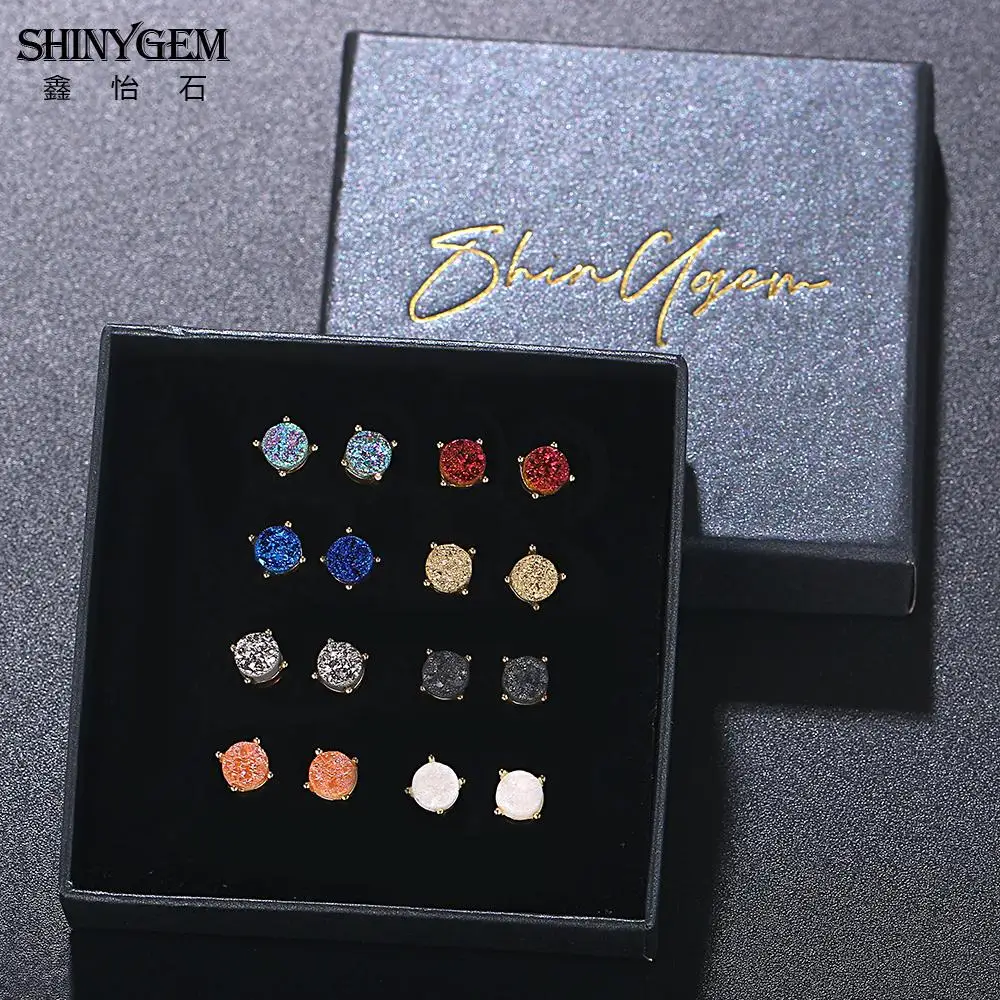 

ShinyGem Natural Multicolor Crystal Druzy Stone Stud Earrings For Women Match S925 Silver Needle Simple Earring Fashion Jewelry
