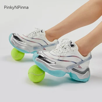 

mesh cow leather bling mixed colors lace up flat platform outdoor cool sneakers women light breathable young casual shoes female